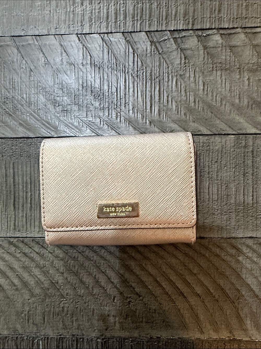 kate spade Metallic Rose Gold Saffiano Compact Wallet